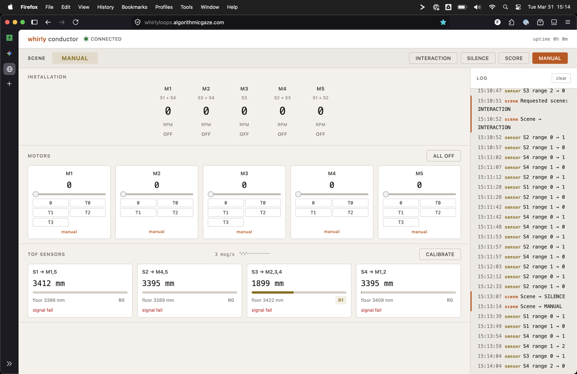 The Whirly Conductor web dashboard showing motor speeds, sensor readings and scene transitions